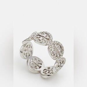Tory Burch Frozen Logo Silver Tone Pave Crystal Miller Ring Sz.7 NWT MSRP:$120